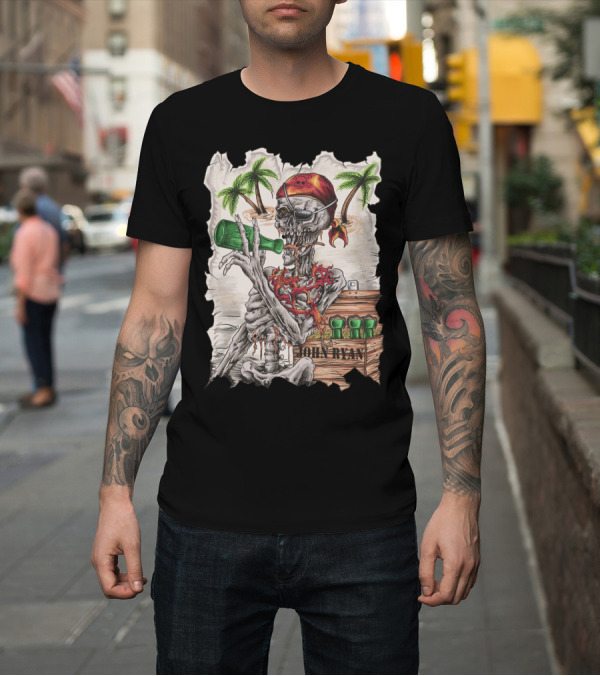 Shirt: John Ryan Pirate Skeleton with Eyepatch and Bottle Drinking with Tropical Island Palms T-Shirt John Ryan Pirate Skeleton with Eyepatch and Bottle Drinking with Tropical Island Palms T-Shirt