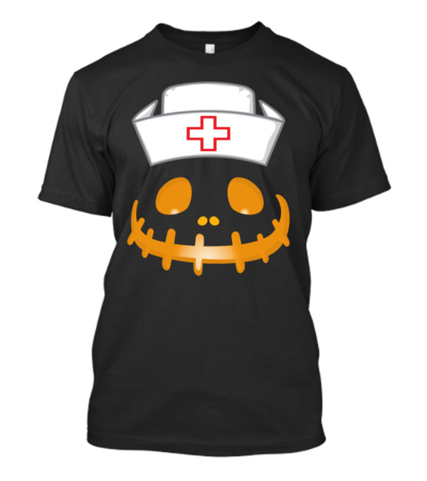 Nurse Pumpkin Face With Halloween Skeleton Mouth And Nurse Cap T-Shirt