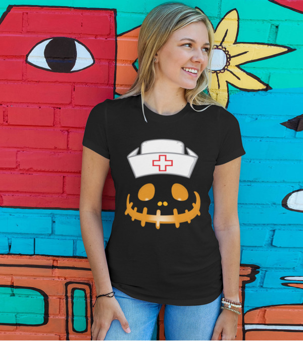 Nurse Pumpkin Face With Halloween Skeleton Mouth And Nurse Cap T-Shirt