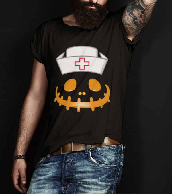 Nurse Pumpkin Face With Halloween Skeleton Mouth And Nurse Cap T-Shirt