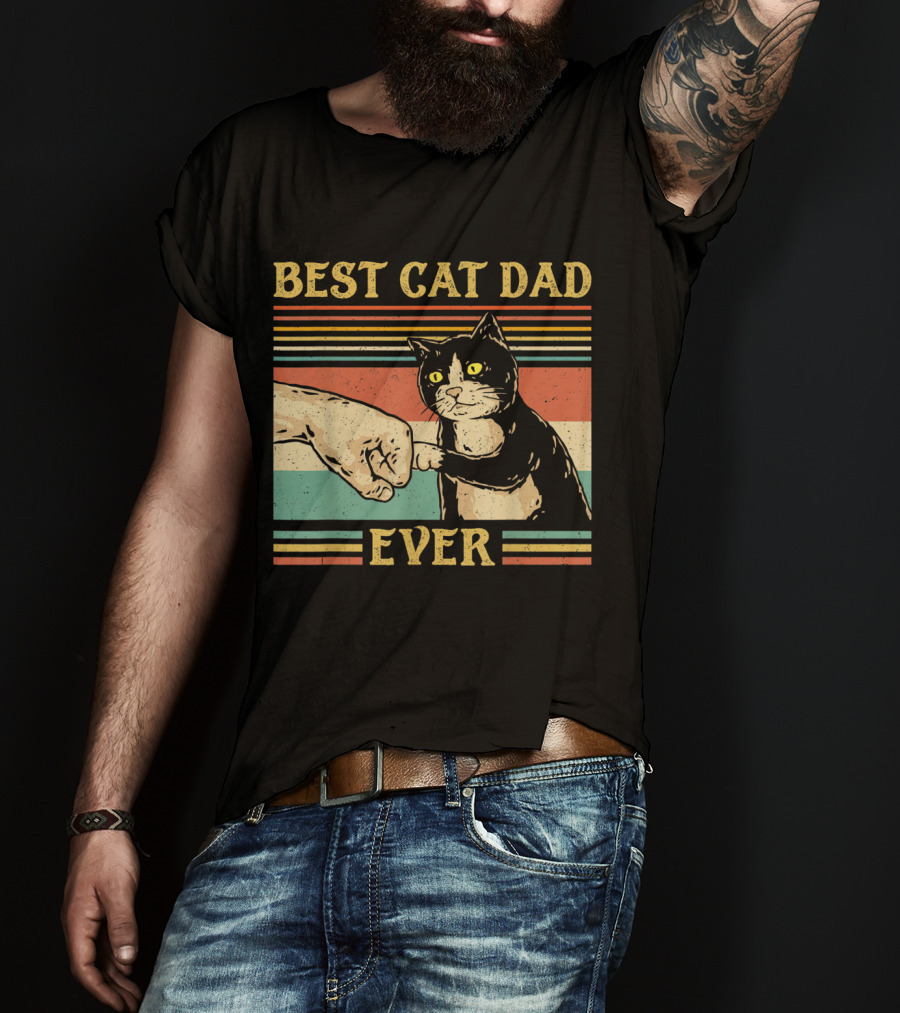 Best Cat Dad Ever Vintage Fist Bump Retro Stripes T-Shirt