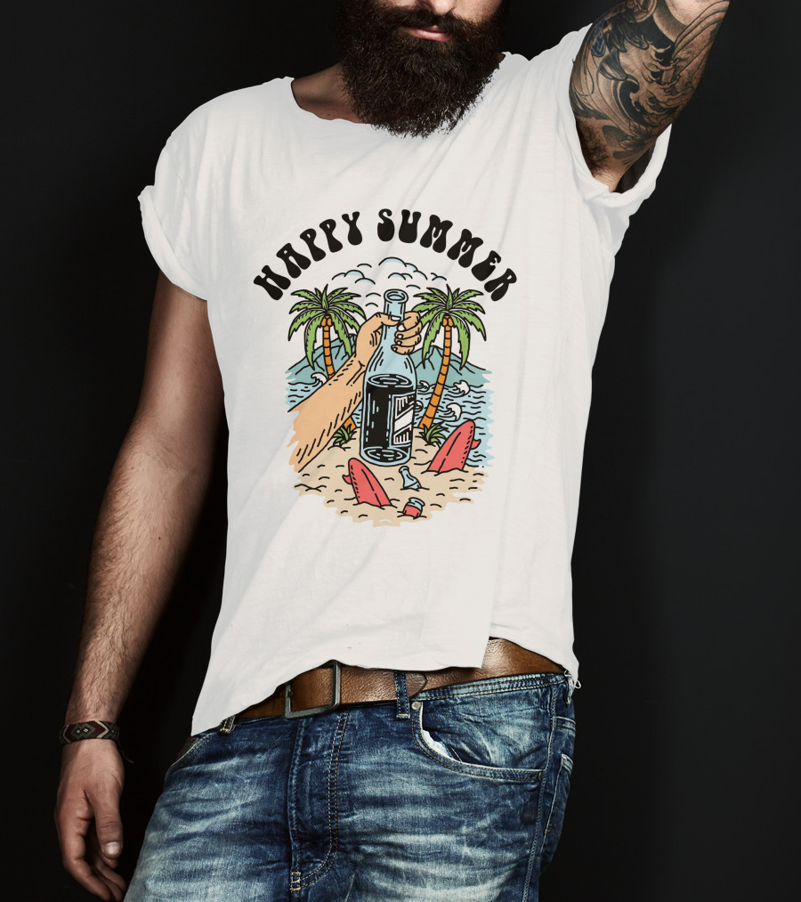 Happy Summer Beach Scene With Palms And Bottle T-Shirt