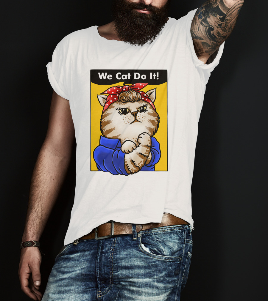 We Cat Do It Humorous Cat With Red Polka Dot Bandana And Blue T-Shirt