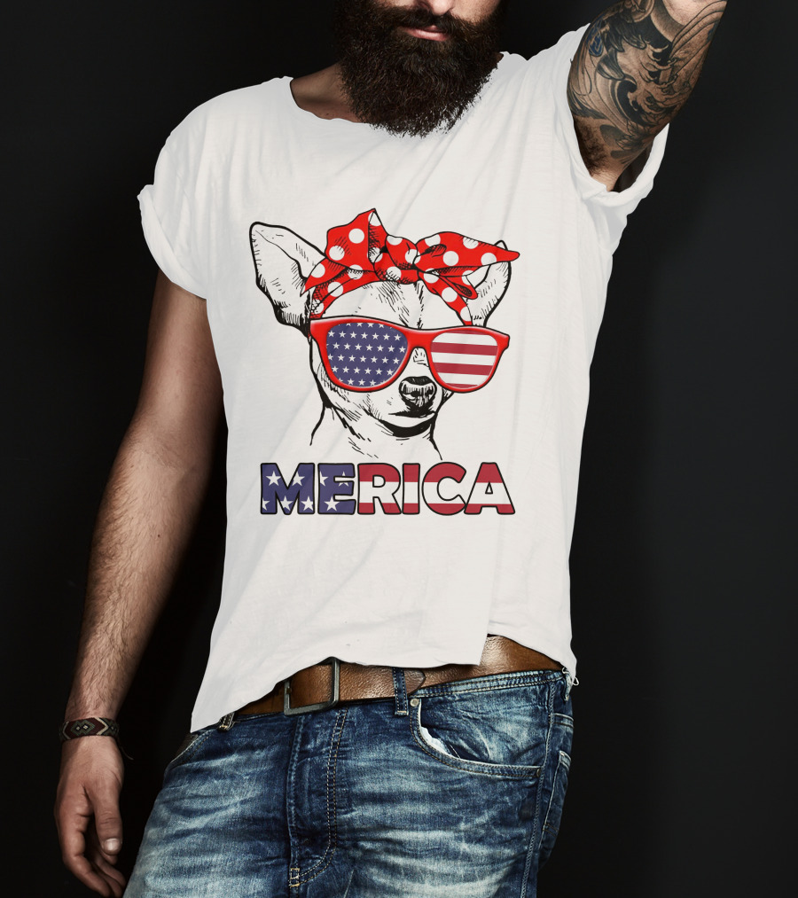 Chihuahua Merica USA Patriotic Glasses And Bandana T-Shirt