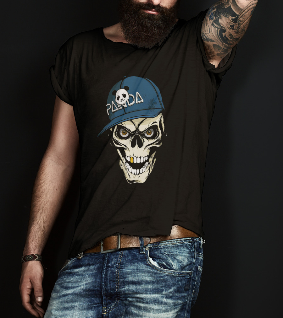 Skull Panda Blue Hat Grinning Face With Panda T-Shirt