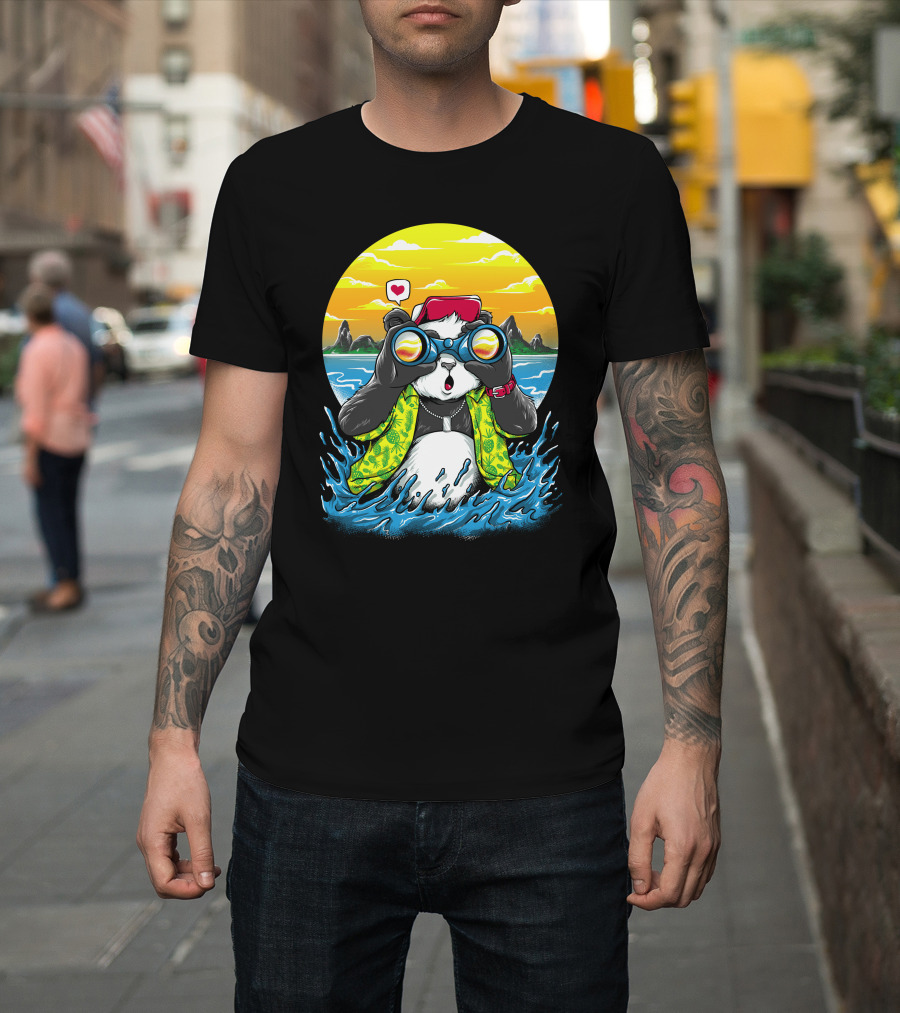 Summer Panda Beach Adventure With Binoculars And Heart T-Shirt
