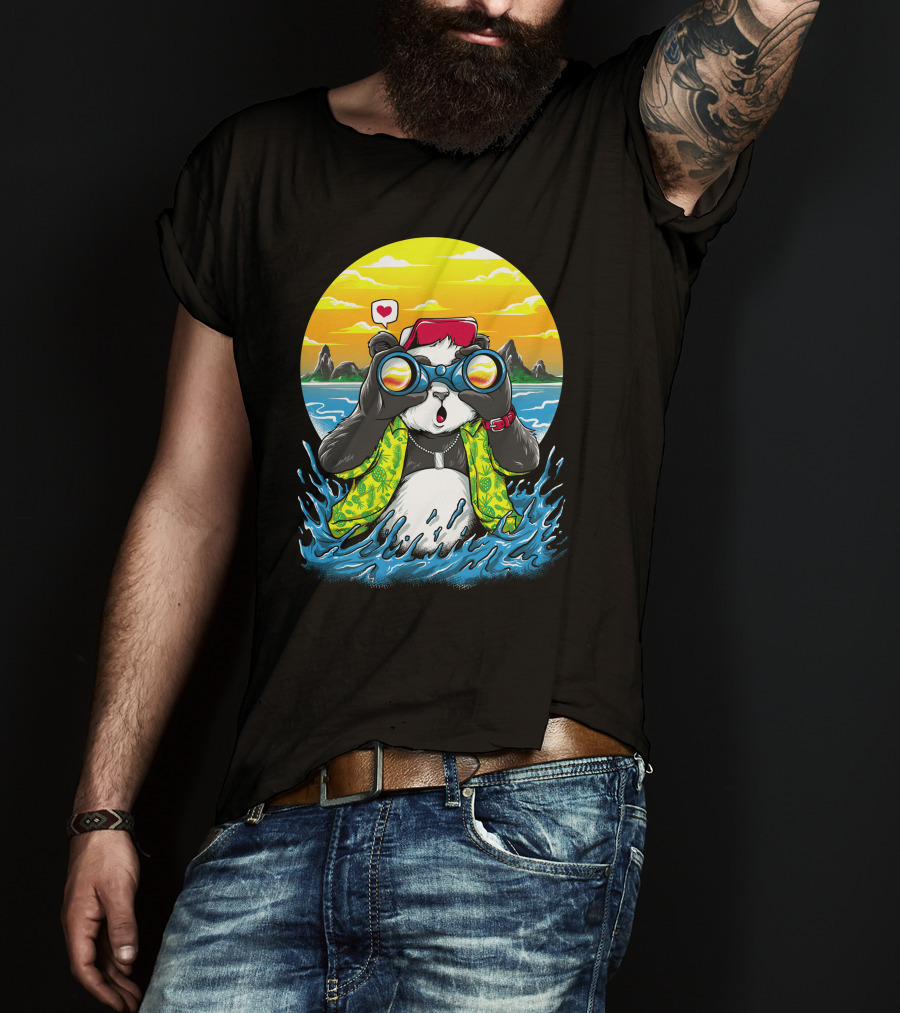 Summer Panda Beach Adventure With Binoculars And Heart T-Shirt