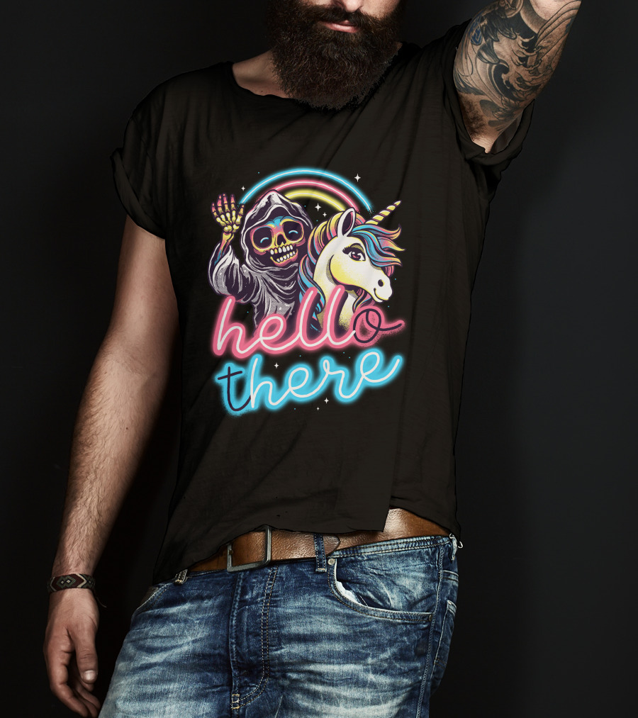Hello There Grim Reaper And Unicorn Neon Rainbow T-Shirt