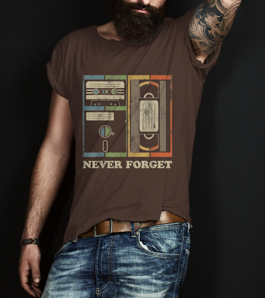 Never Forget Retro Vintage Cassette Floppy VHS Cool Funny Geeky Nerdy T-Shirt