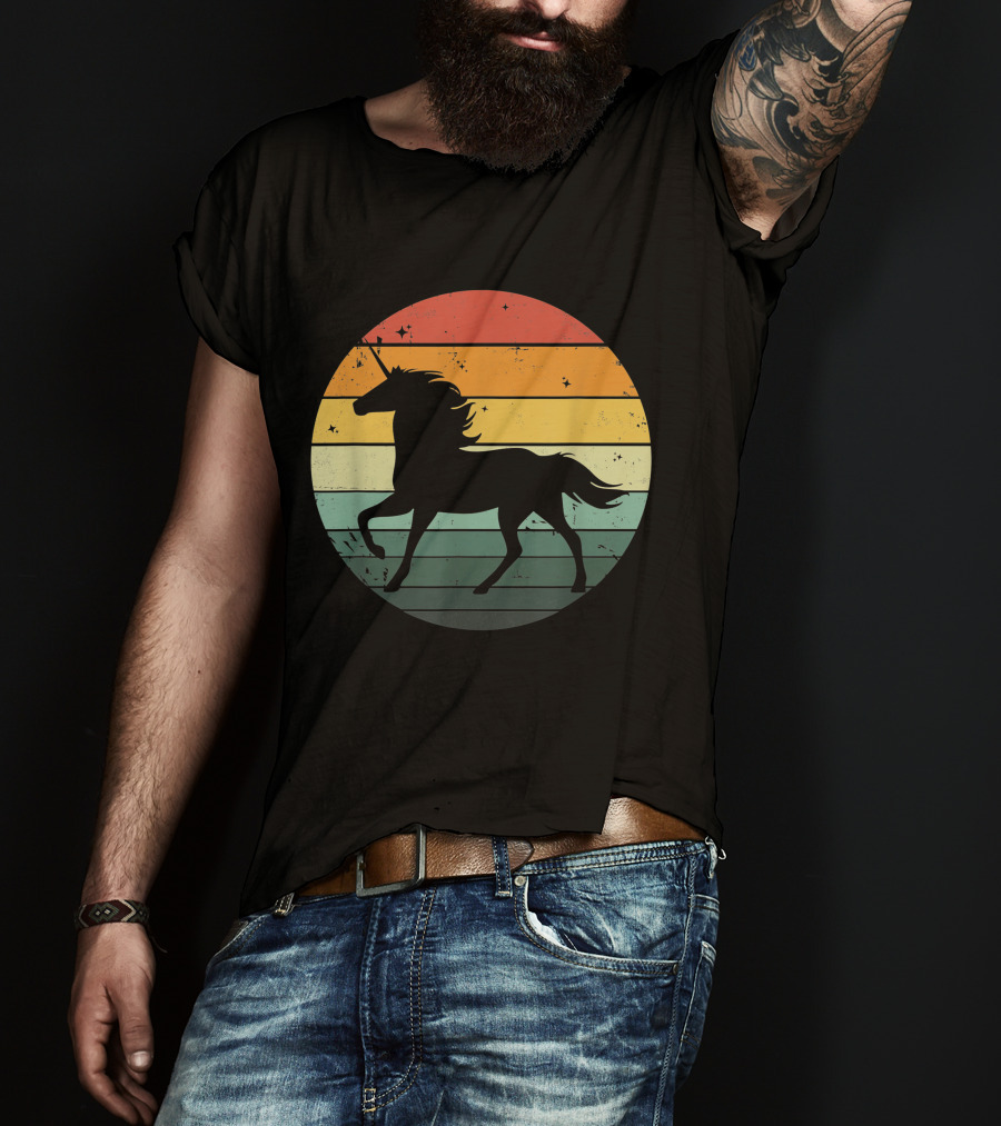 Unicorn Silhouette Against Retro 70s Sunset Stripes T-Shirt