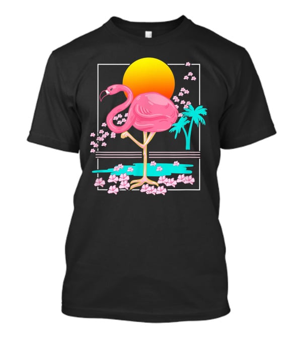 Flamingo Tropical Flowers And Sunset Scene T-Shirt