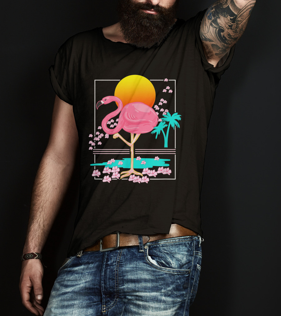 Flamingo Tropical Flowers And Sunset Scene T-Shirt