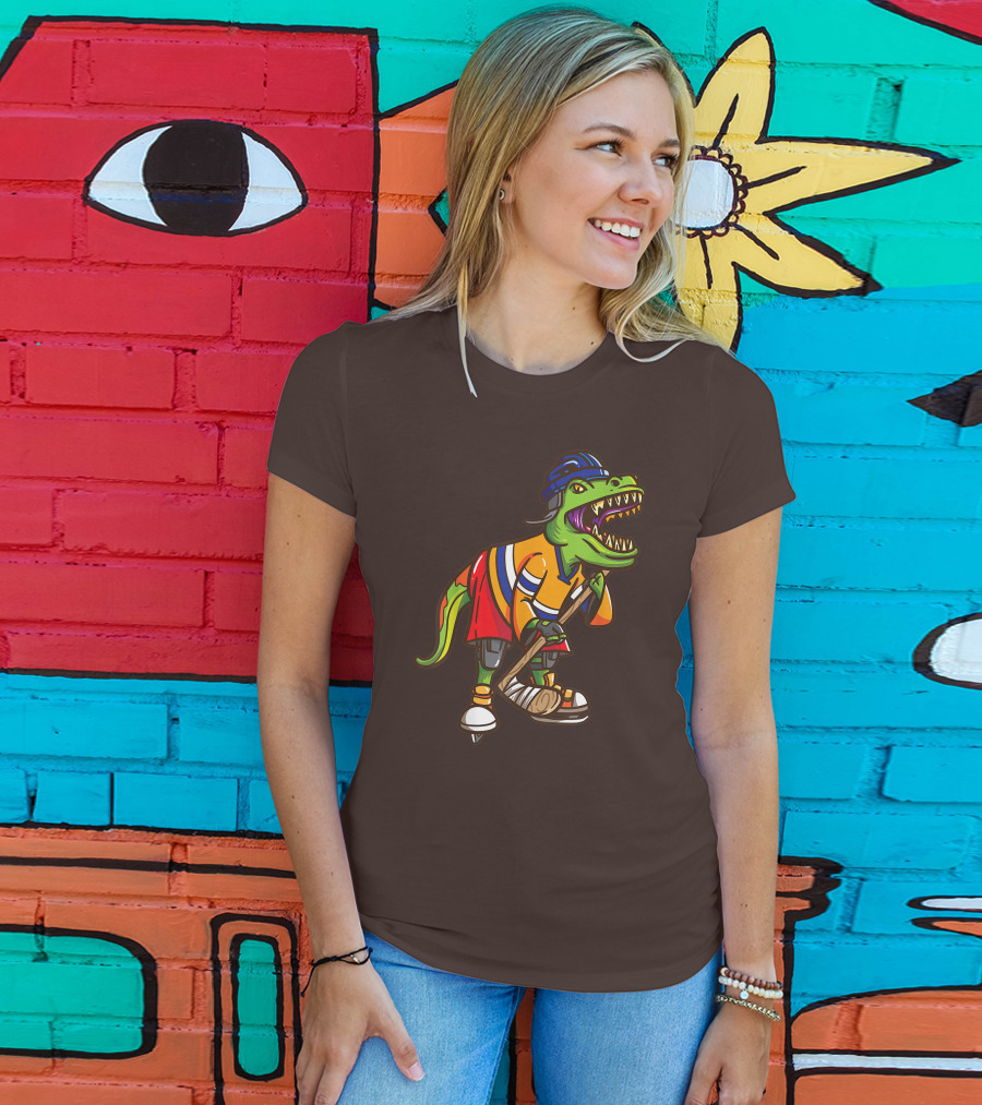 Roller Skates Hockey Dinosaur In Uniform With Stick And Helmet T-Shirt