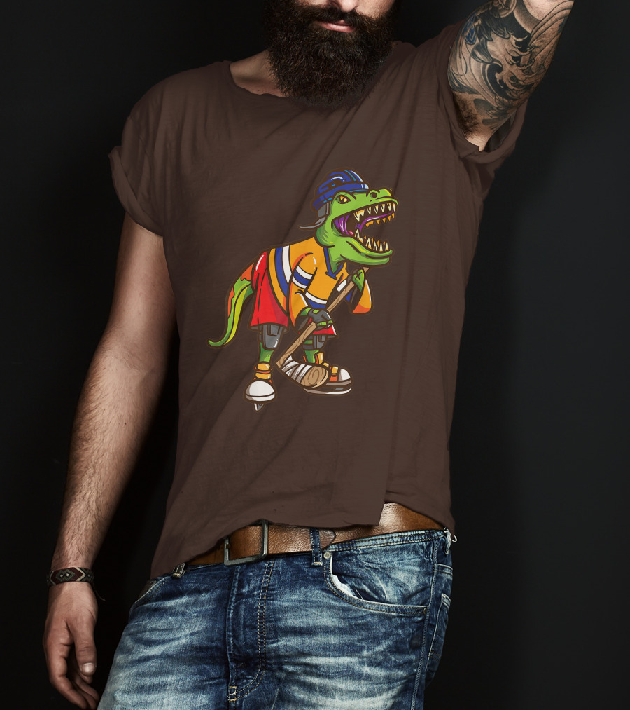 Roller Skates Hockey Dinosaur In Uniform With Stick And Helmet T-Shirt