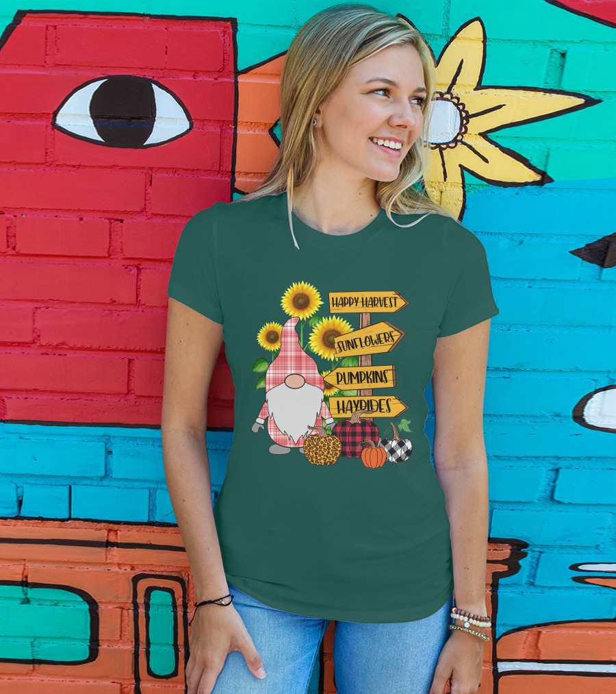 Happy Harvest Sunflowers Pumpkins Hayrides Gnome T-Shirt