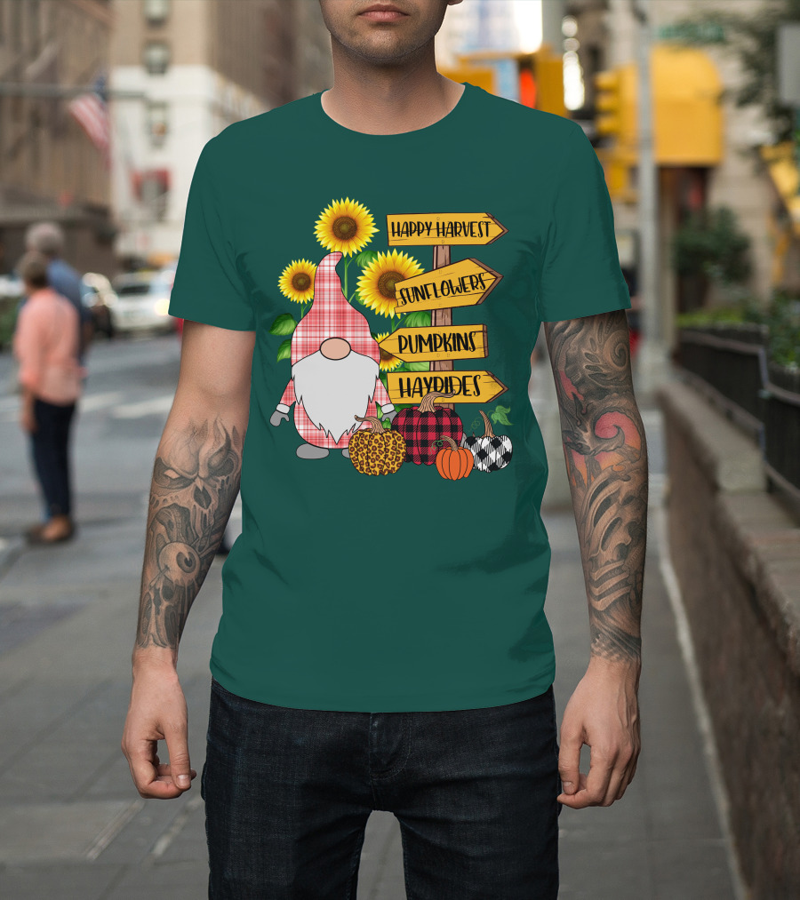 Happy Harvest Sunflowers Pumpkins Hayrides Gnome T-Shirt