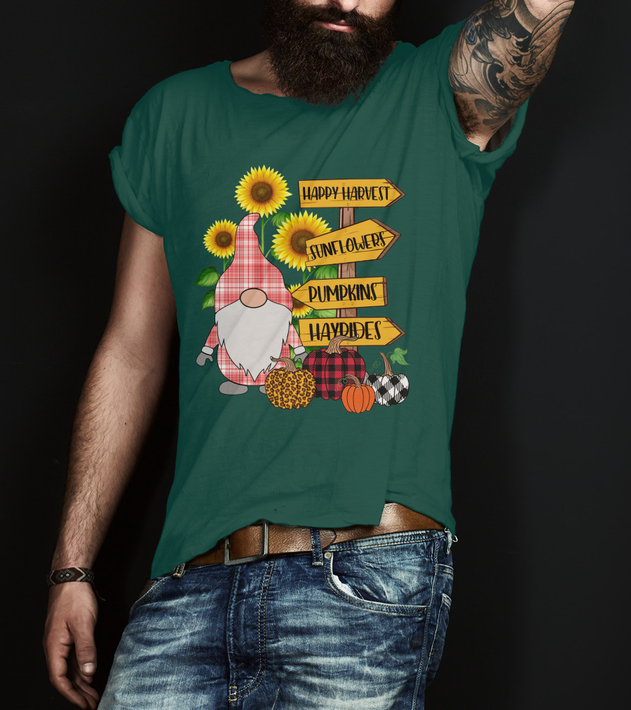 Happy Harvest Sunflowers Pumpkins Hayrides Gnome T-Shirt