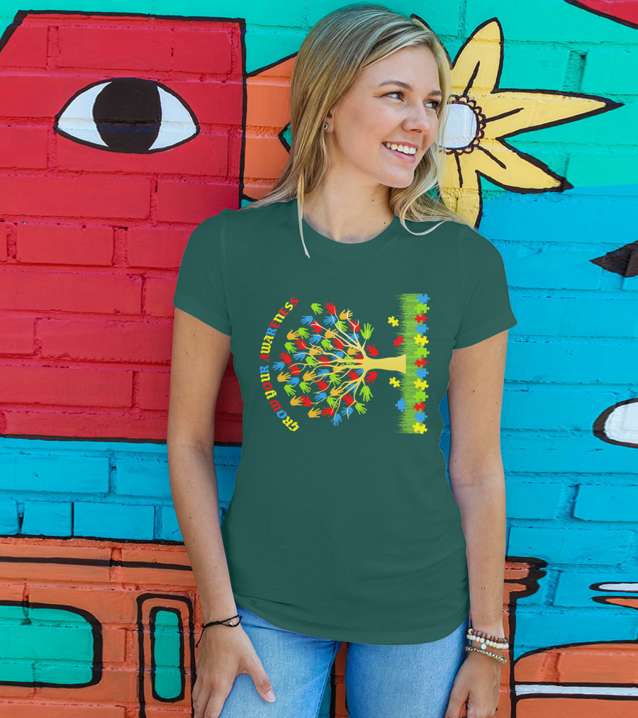 Grow Your Awareness Tree Of Colored Hands And Puzzle Pieces T-Shirt