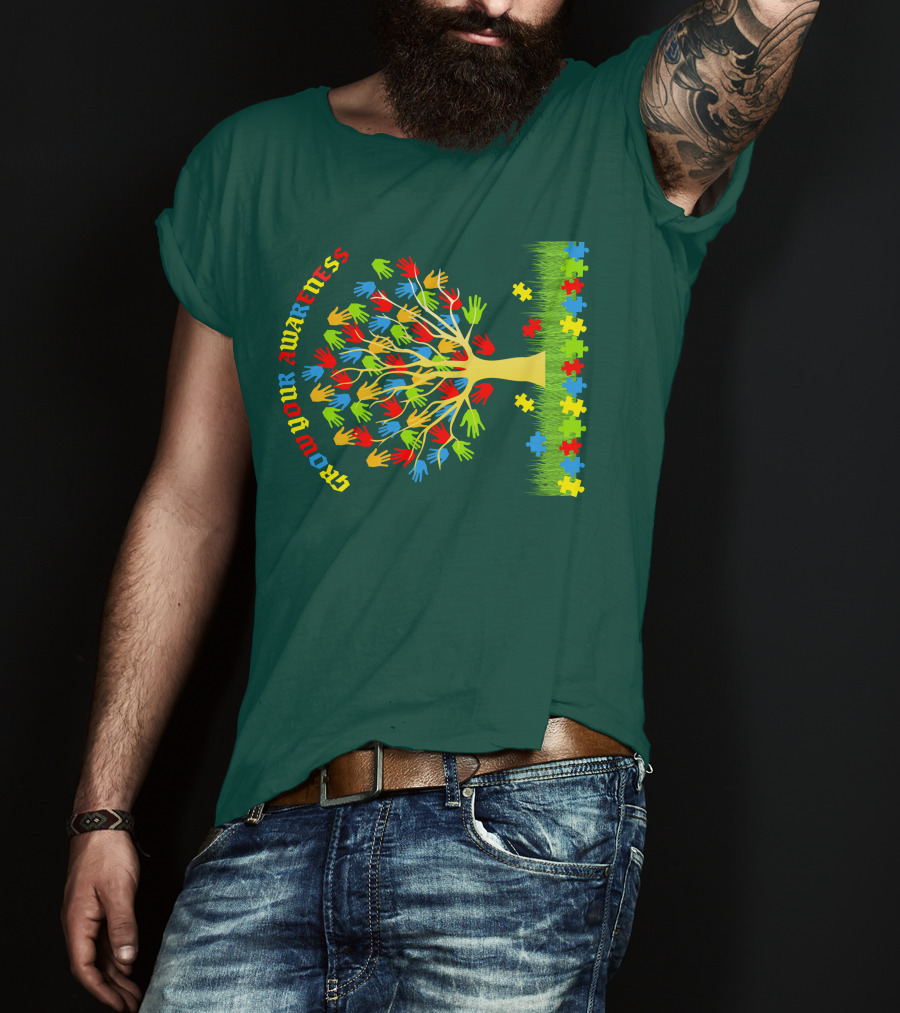 Grow Your Awareness Tree Of Colored Hands And Puzzle Pieces T-Shirt