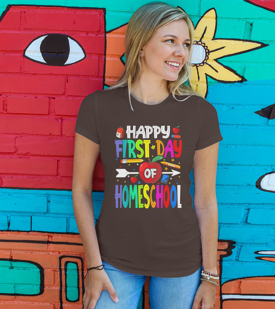 Happy First Day Of Homeschool With Apples And School Supplies Elements T-Shirt