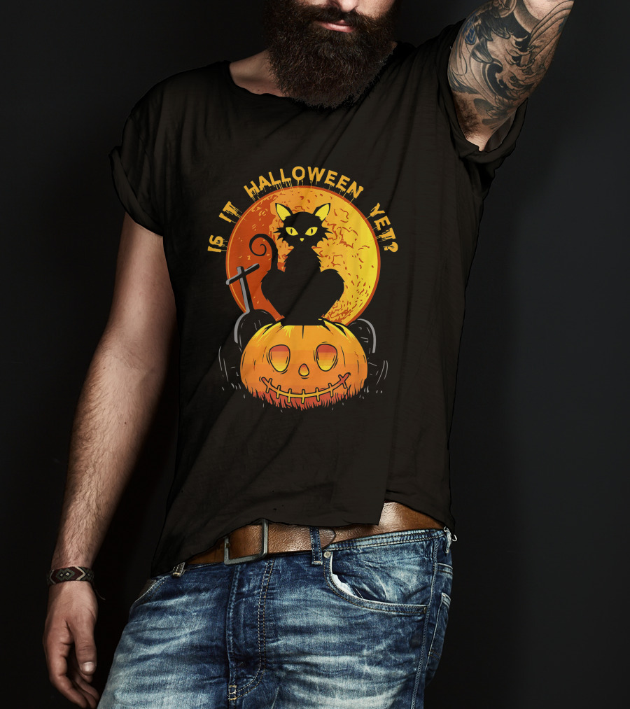 Is It Halloween Yet Funny Cat Pumpkin With Full Moon And Witch's Broom T-Shirt