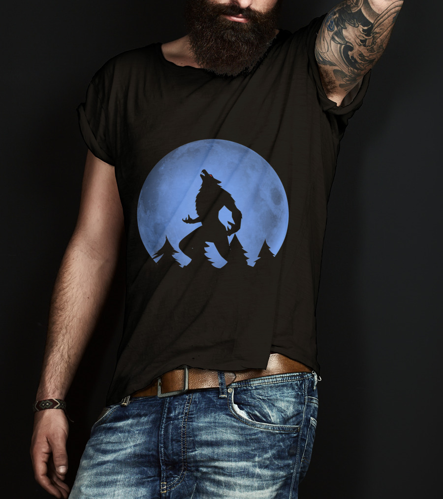 Werewolf Silhouette Howling At Full Blue Moon With Forest Background T-Shirt