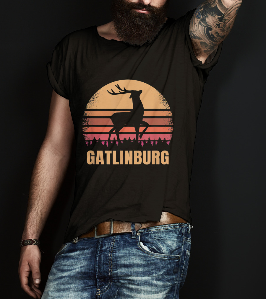 Gatlinburg Tennessee Vintage Deer Silhouette With Distressed Sunset Background T-Shirt