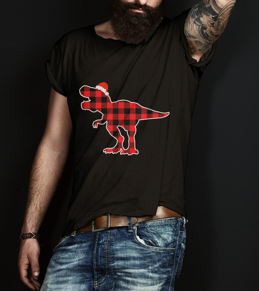 Red Plaid Dinosaur Wearing Santa Hat T-Shirt