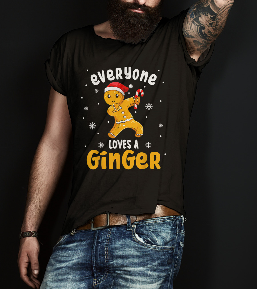 Everyone Loves A Ginger Christmas Gingerbread Man With Santa Hat And Candy Cane T-Shirt