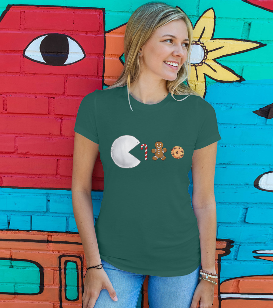 Christmas Snowball Candy Cane Gingerbread Cookie Pac-Man T-Shirt