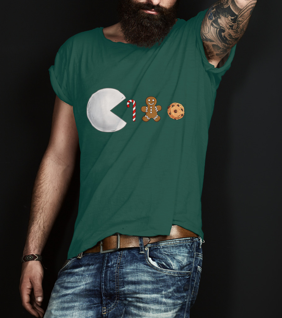 Christmas Snowball Candy Cane Gingerbread Cookie Pac-Man T-Shirt