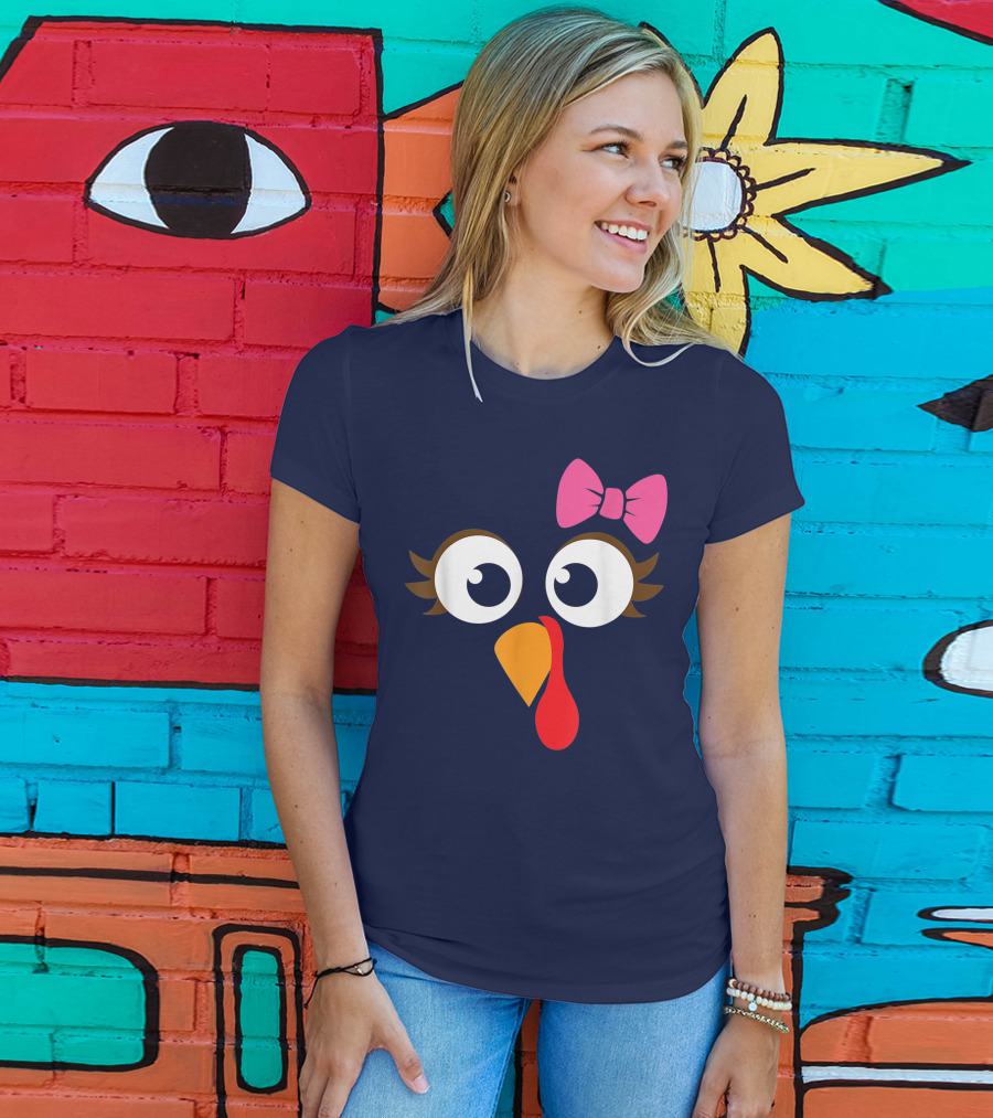 Turkey Face Girl Pink Bow Cute Thanksgiving T-Shirt