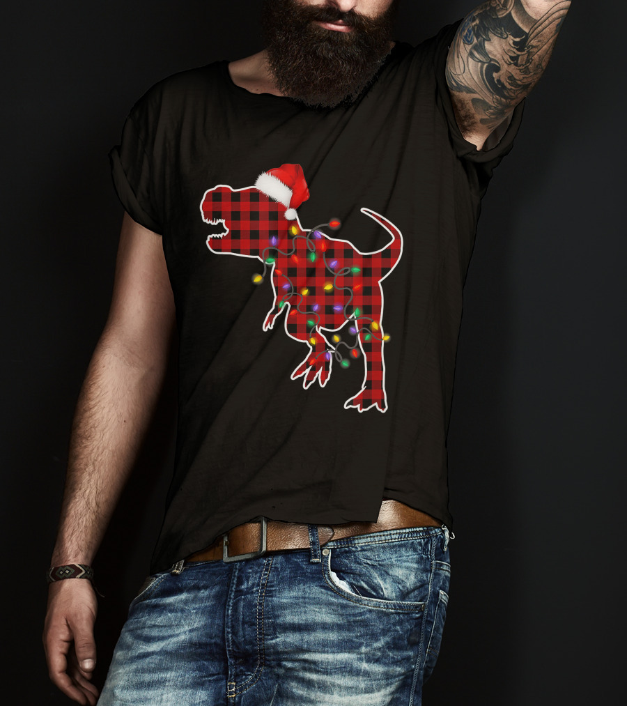 Red Plaid T-Rex Dinosaur With Santa Hat And Christmas Lights T-Shirt