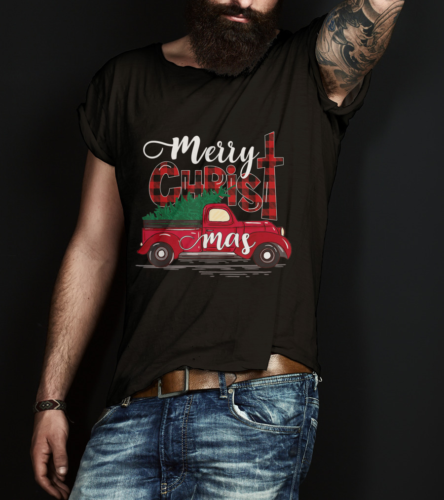 Merry Christmas Buffalo Plaid Christian Cross With Red Truck T-Shirt