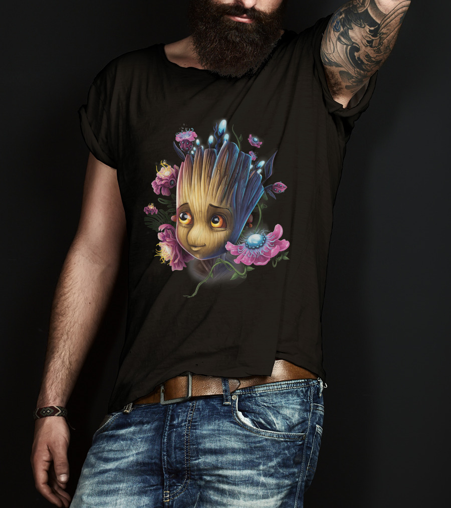 Marvel Guardians Of The Galaxy Groot Surrounded By Vibrant Flowers And Glowing Bugs T-Shirt