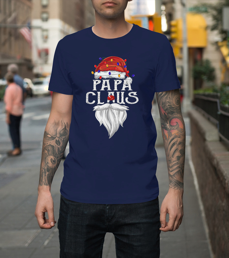 Papa Claus Santa Hat Beard Christmas Lights T-Shirt