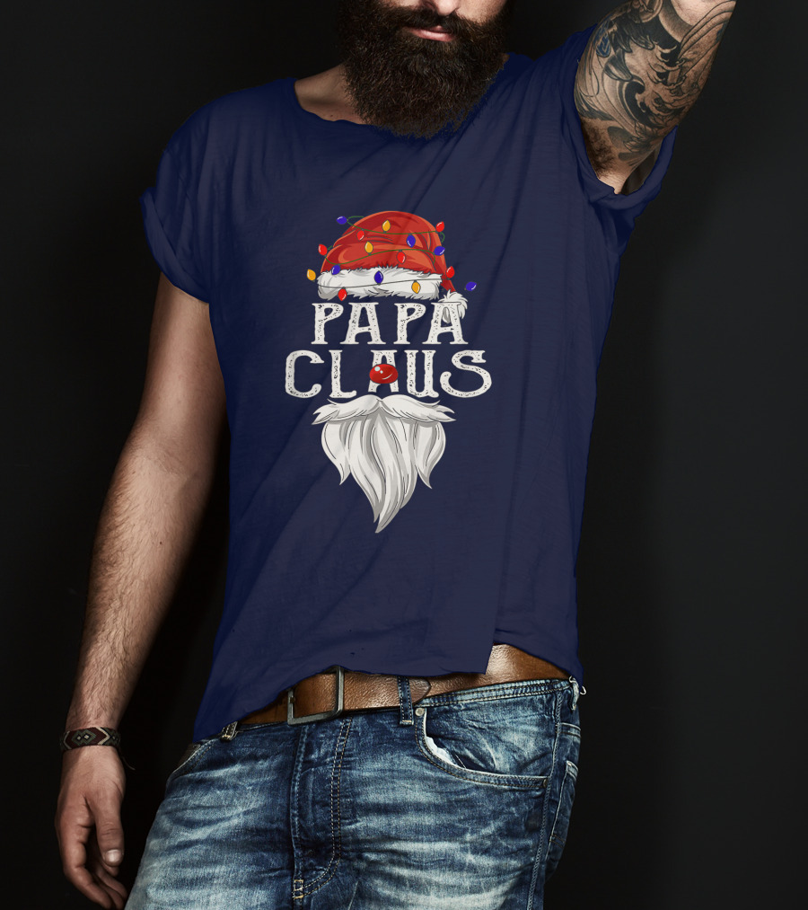 Papa Claus Santa Hat Beard Christmas Lights T-Shirt