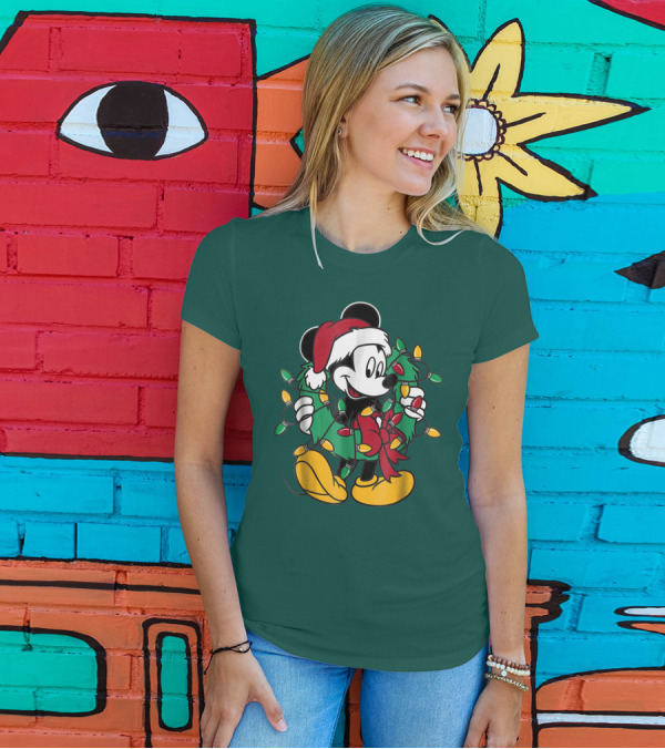 Disney Mickey Mouse Santa Hat Christmas Lights Wreath T-Shirt