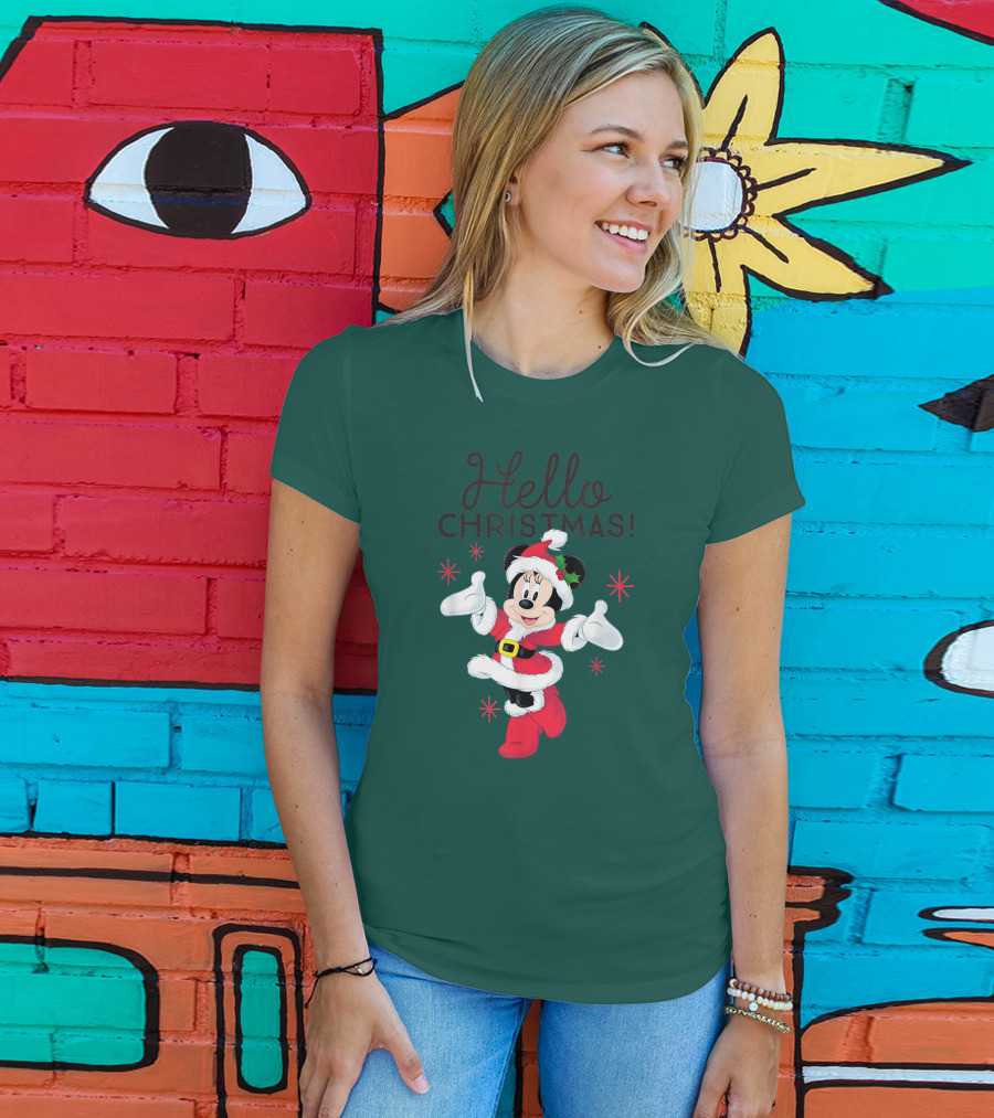 Disney Minnie Mouse Hello Christmas Holiday Santa T-Shirt