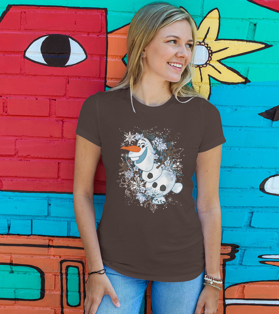 Olaf Dancing Surrounded By Snowflakes And Flowers From Disney Frozen T-Shirt