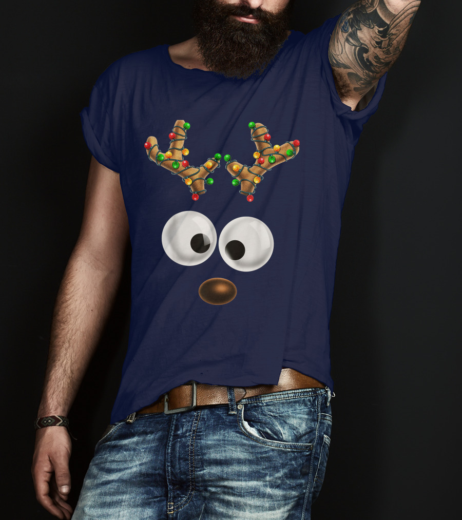 Colorful Lights Reindeer Face Christmas Matching Family T-Shirt
