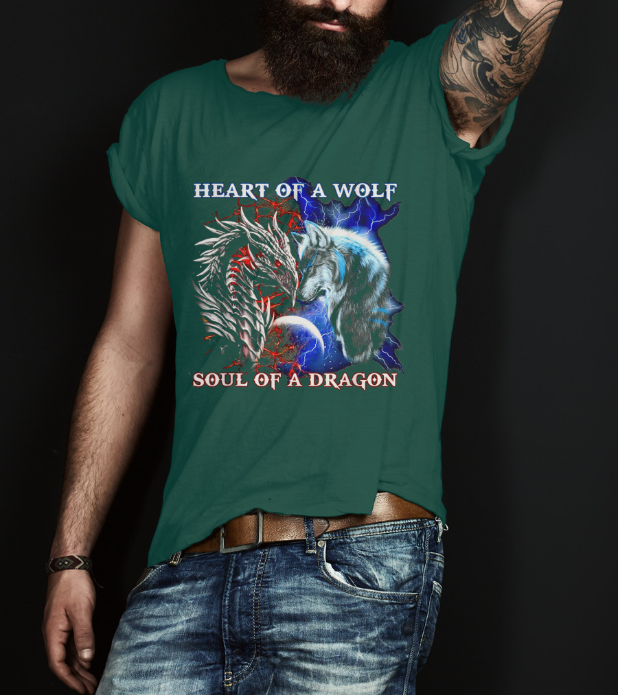 HEART OF A WOLF SOUL OF A DRAGON Wolf Dragon Lightning Planet Cracked Earth T-Shirt