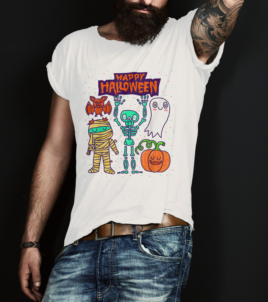Happy Halloween Skeleton Ghost Pumpkin Mummy Bat T-Shirt