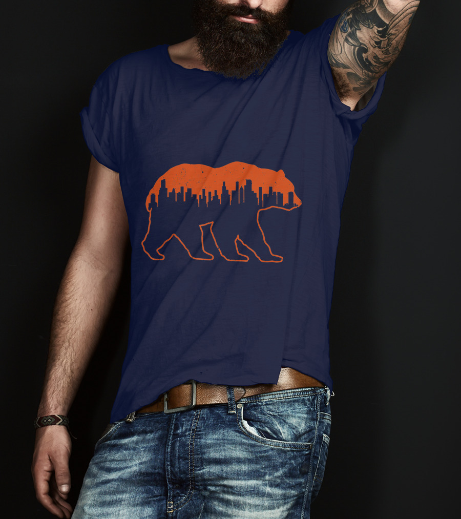 Vintage Downtown Chicago City Skyline Bear Silhouette Novelty T-Shirt