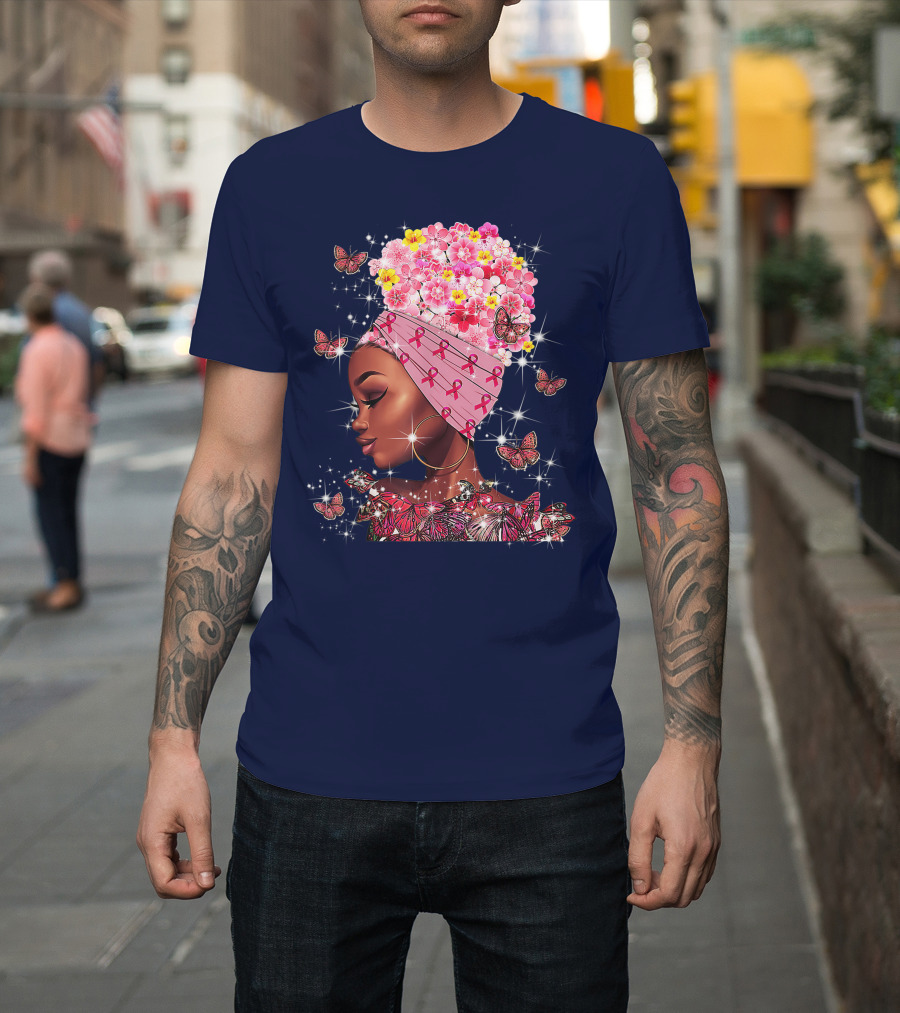 In October We Wear Pink Black Flowers Butterflies Ribbons T-Shirt