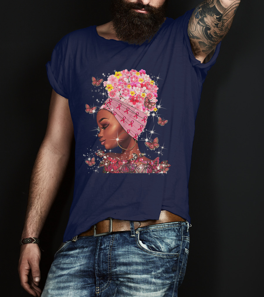 In October We Wear Pink Black Flowers Butterflies Ribbons T-Shirt