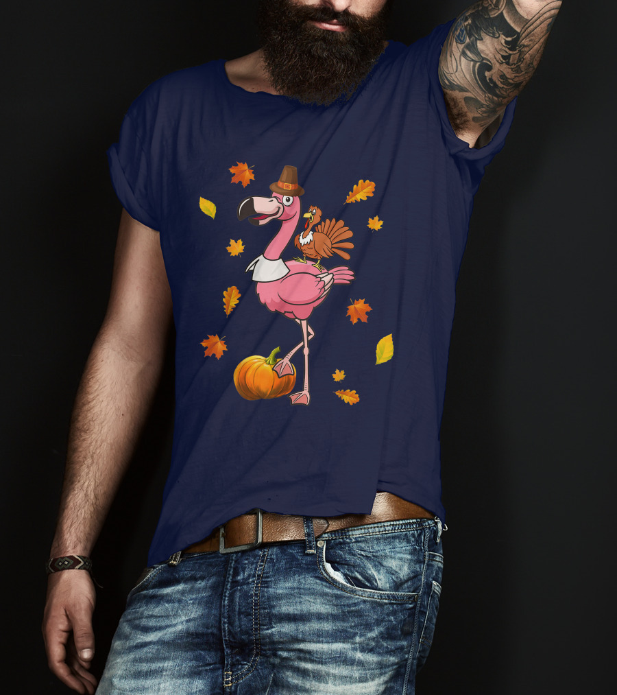 Thanksgiving Flamingo Pilgrim And Turkey With Autumn Leaves And Pumpkin T-Shirt