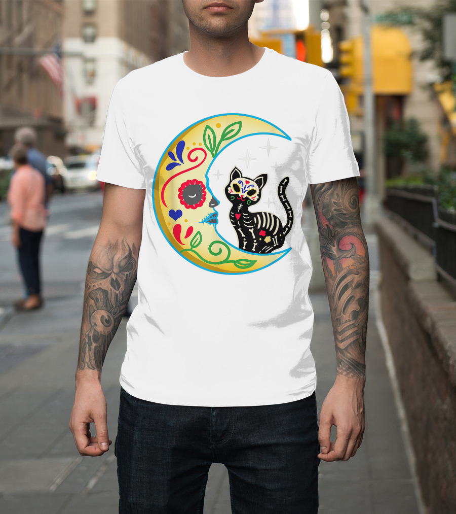 Cat and Moon Sugar Skull Dia de Los Muertos Day of the Dead Mexican Festival T-Shirt