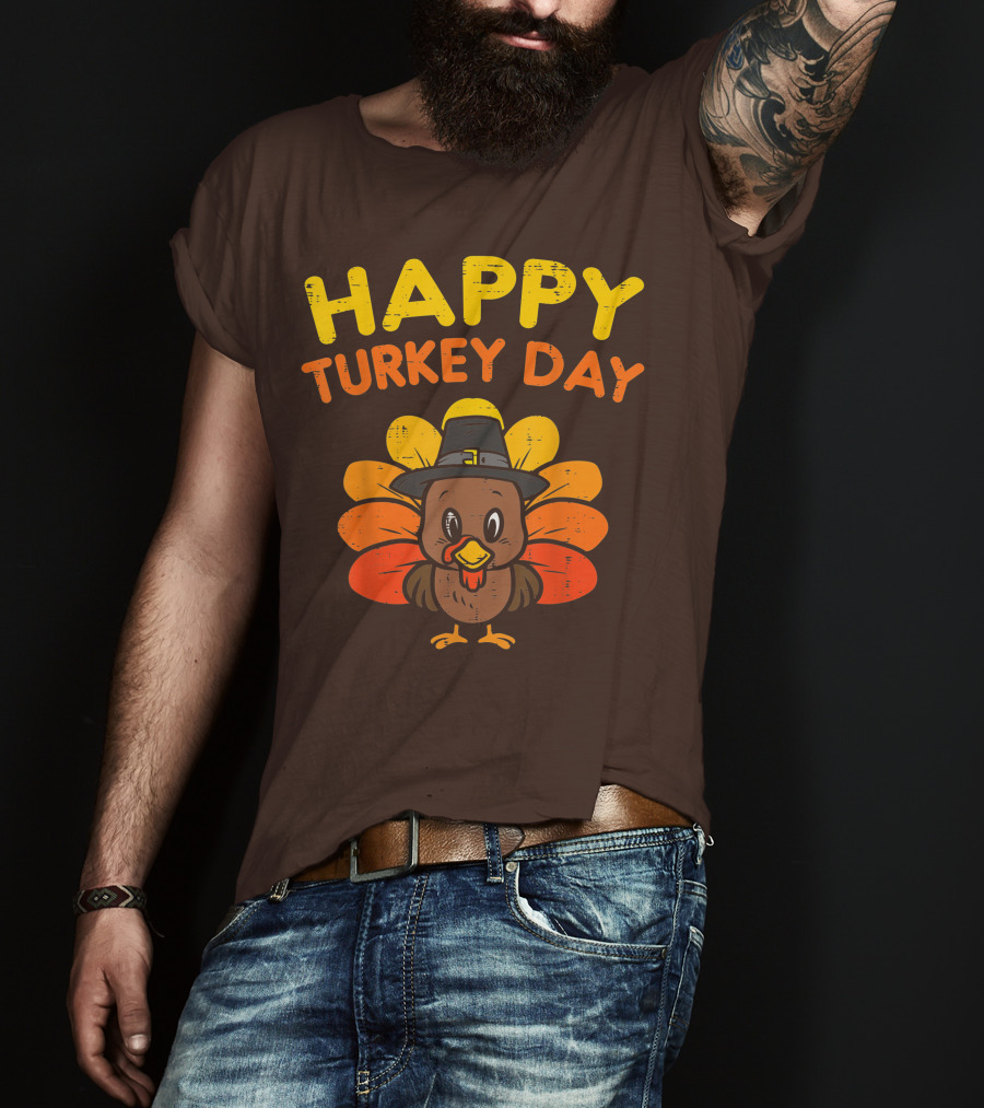 Happy Turkey Day Cute Thanksgiving Pilgrim Turkey T-Shirt