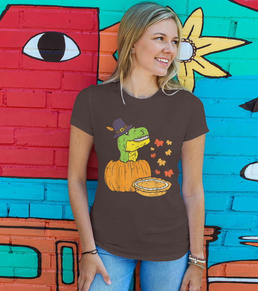 Pilgrim Trex Dinosaur Pumpkin Leaves Pie T-Shirt